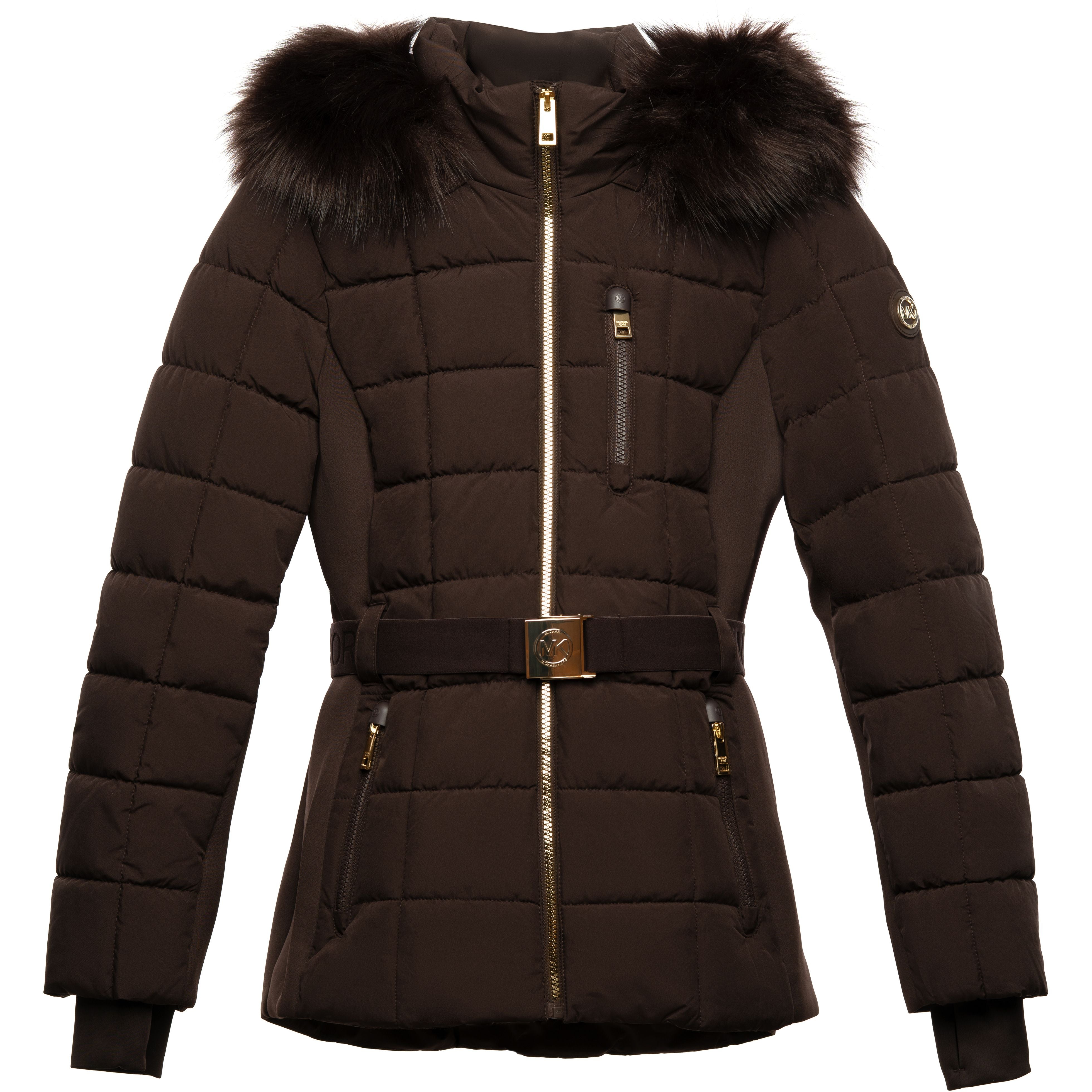 Brown puffer jacket with fur hood on a white background