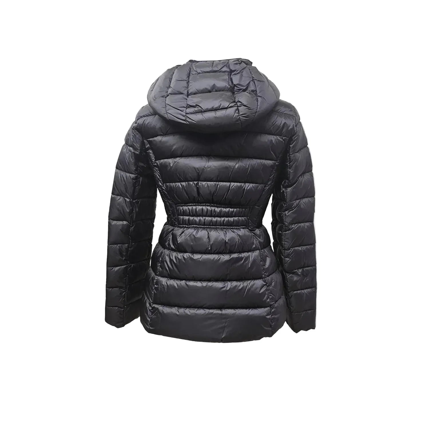 Black puffer jacket with a hood on a white background