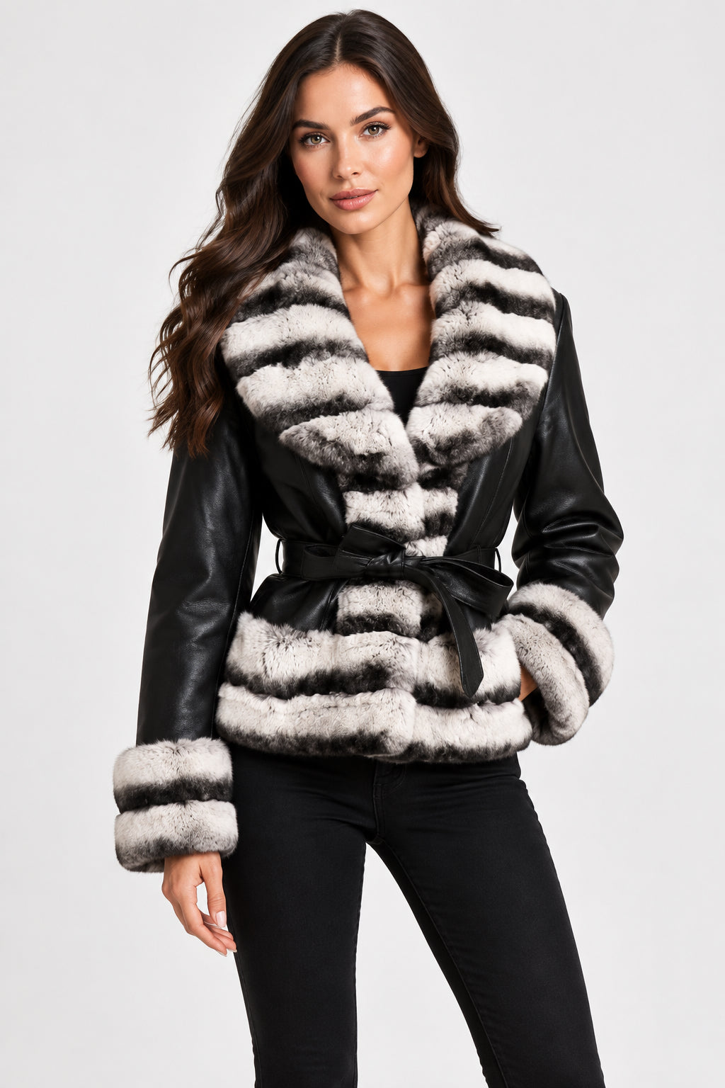 BARYA NEW YORK Women's Rex Rabbit Fur Trim Leather Jacket - Zooloo Leather