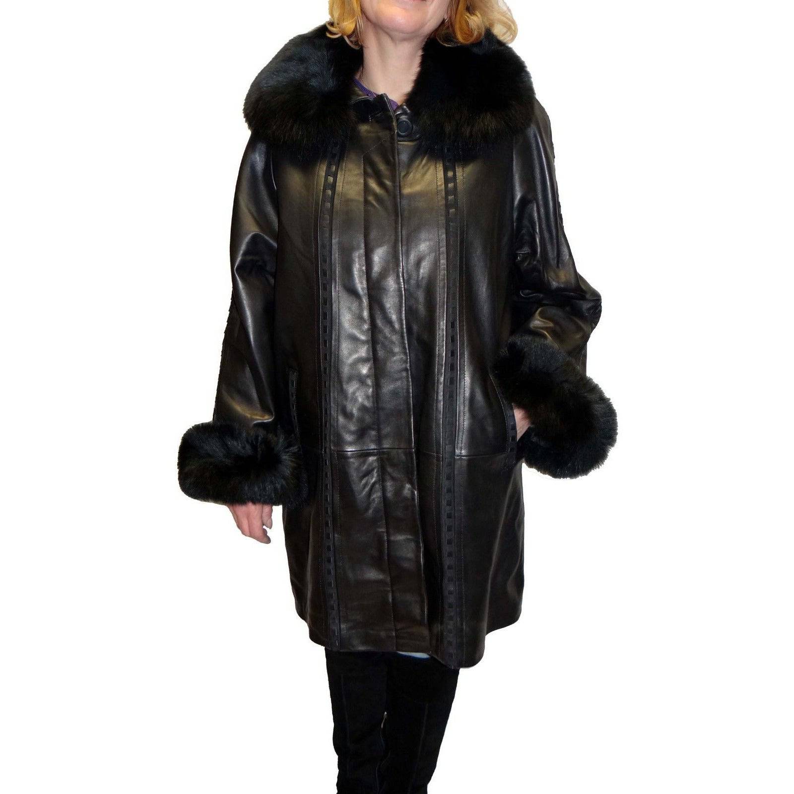 Knoles & Carter Women's Plus Size Leather Coat with Fox Fur Collar - Zooloo Leather