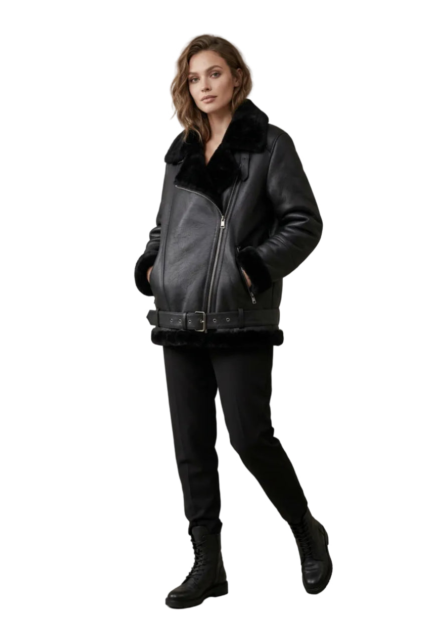 Zooloo Women's Oversized Sheepskin Moto Jacket - Zooloo Leather