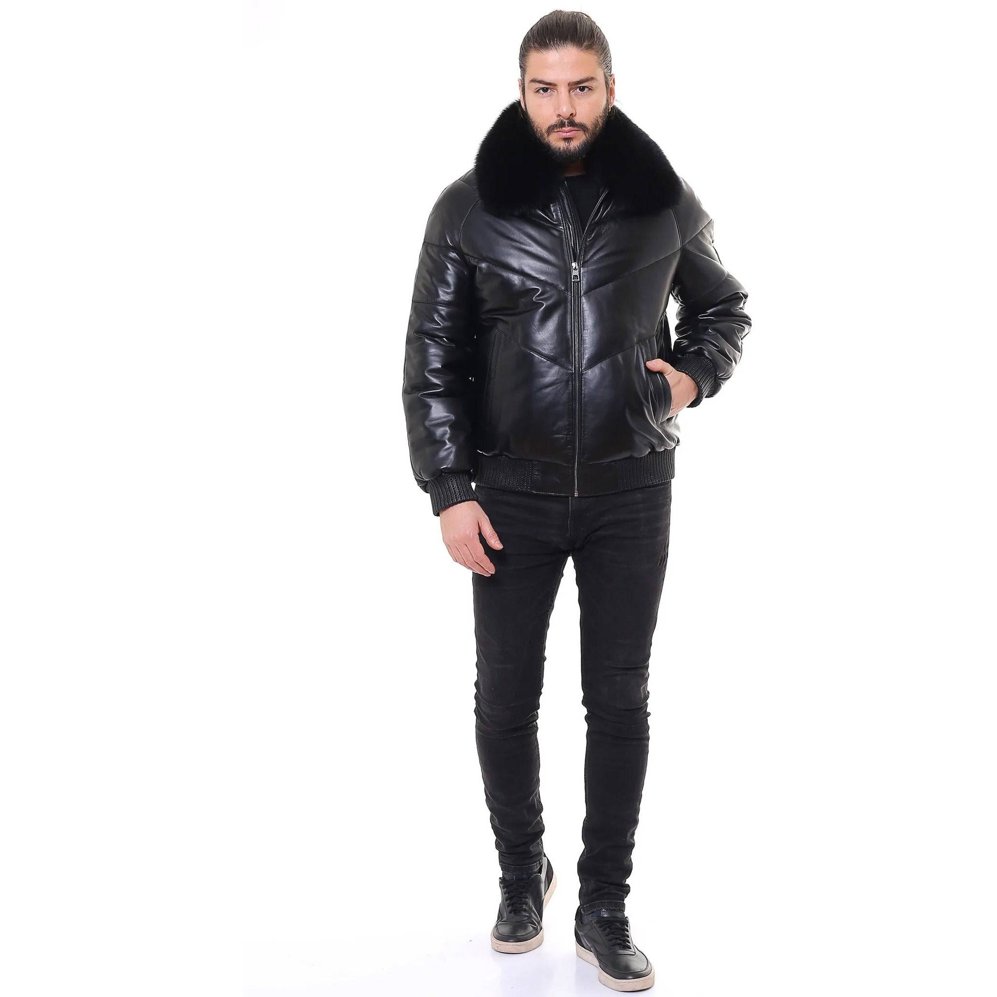 BARYA NEW YORK Men's V-Bomber Leather Jacket with Fox Fur - Zooloo Leather
